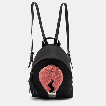FENDI Black Nylon and Shearling Mini Dolce Lightbulb Backpack