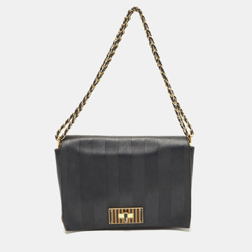 FENDI Black Pequin Stripe Leather Large Claudia Shoulder Bag