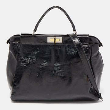 FENDI Black Patent Leather Large Peekaboo Top Handle Bag