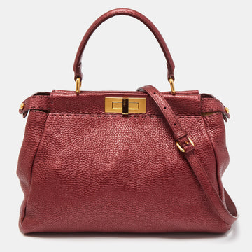 FENDI Metallic Burgundy Selleria Leather Regular Peekaboo Top Handle Bag