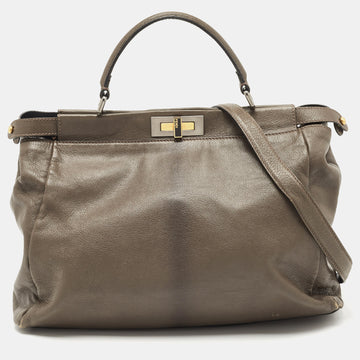 FENDI Dark Grey Leather Large Peekaboo Top Handle Bag