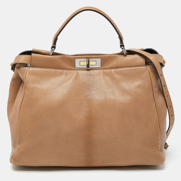 FENDI Beige Leather Large Peekaboo Top Handle Bag