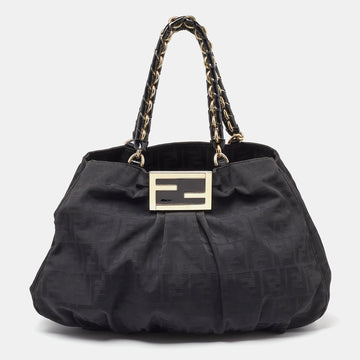 FENDI Black Zucca Canvas and Patent Leather Mia Shoulder Bag