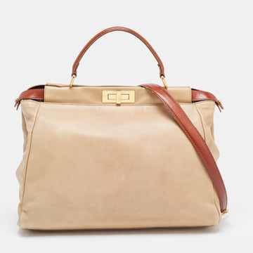 FENDI Beige/Brown Leather Large Peekaboo Top Handle Bag
