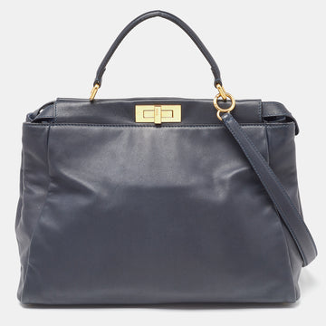 FENDI Dark Blue Leather Large Peekaboo Top Handle Bag