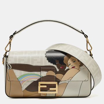 FENDI White FF Glazed Coated Canvas and Leather Inlay Baguette Shoulder Bag