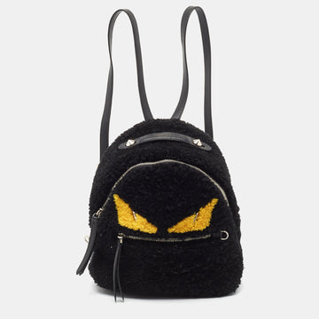 FENDI Black Shearling and Leather Monster Backpack