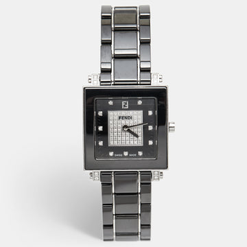 FENDI Black Ceramic Stainless Steel Diamond Quadro 6200G Women's Wristwatch 30 mm