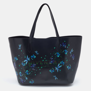 GIVENCHY Black/Blue Leather Floral Print Logo Tote