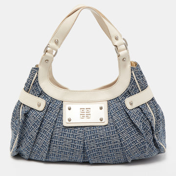 GIVENCHY Blue/White Monogram Denim and Leather Pleated Hobo