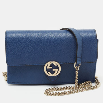 Gucci Blue Leather Interlocking GG Wallet On Chain