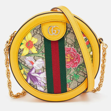 Gucci Yellow Leather and GG Supreme Canvas Flora Ophidia Mini Round Shoulder Bag