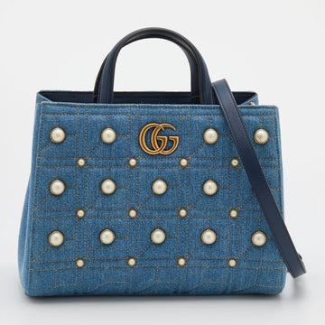 Gucci Blue Quilted Denim Small Pearl GG Marmont Tote