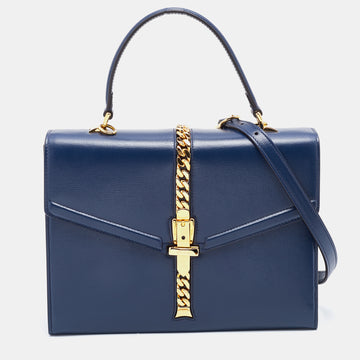 Gucci Blue Leather Small Sylvie Top Handle Bag