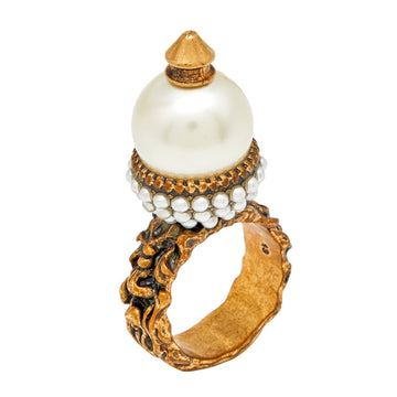 Gucci  Faux Pearl Gold Tone Metal Ring Size 53