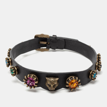 Gucci Feline Head Black Leather Crystals Gold Tone Choker Necklace