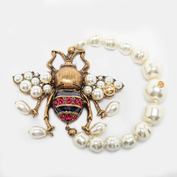 Gucci Aged Gold Tone Crystals & Pearl Bee Bracelet XL