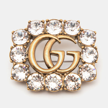 Gucci Aged Gold Tone Crystal Double G Pin Brooch