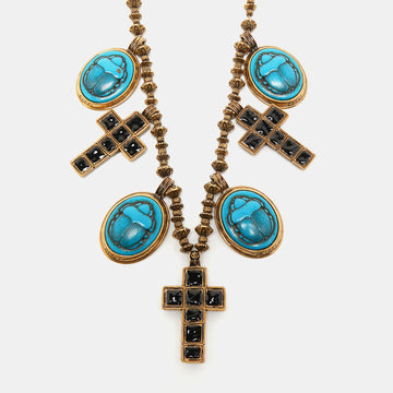 Gucci Aged Gold Tone Scarab and Cross Charms Necklace