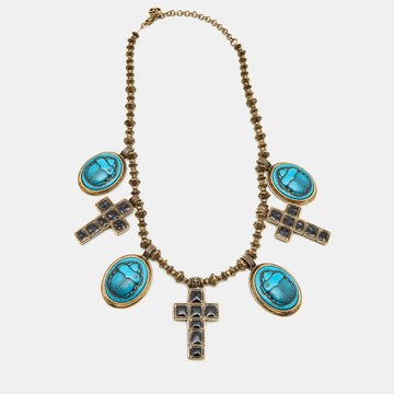 GUCCI Aged Scarab and Cross Charms Gold Tone Necklace