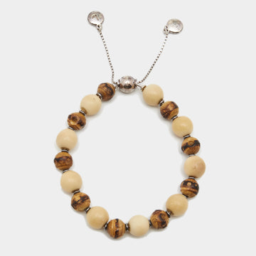 GUCCI Bamboo Wood and Tagua Beads Sterling Silver Adjustable Bracelet Size 16