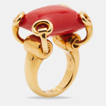 Gucci Horsebit Coral 18k Yellow Gold Cocktail Ring Size 53