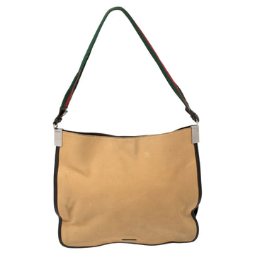 Gucci Khaki Brown Canvas and Leather Trim Web Detail Hobo