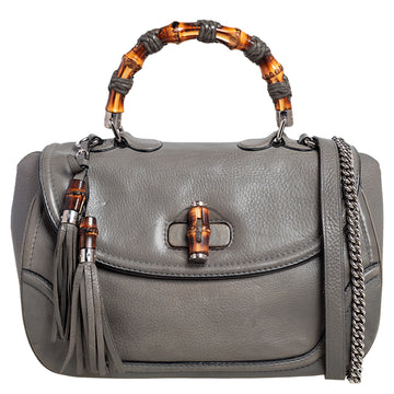 Gucci Grey Leather Large New Bamboo Tassel Top Handle Bag