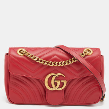 Gucci  Red Matelasse Leather Small GG Marmont Shoulder Bag