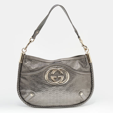 Gucci Metallic Grey Guccissima Leather Medium Britt Shoulder Bag