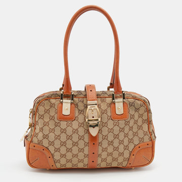 Gucci Brown/Beige GG Canvas and Leather Buckle Flap Glam Boston Bag