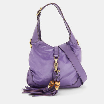 Gucci Purple Leather Jackie Fringes Bamboo Shoulder Bag