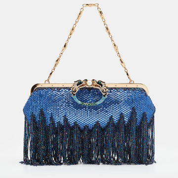 Gucci Blue/Purple Crystal and Satin Fringe Dragon Embellished Evening Bag