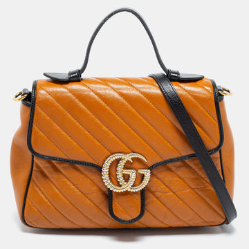Gucci Tan/Black Diagonal Quilted Leather GG Marmont Torchon Top Handle Bag