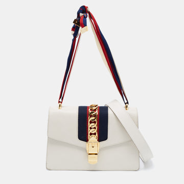 Gucci White Leather Small Web Sylvie Shoulder Bag