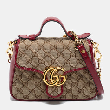Gucci Beige/Red GG Canvas and Leather Mini GG Marmont Top Handle Bag