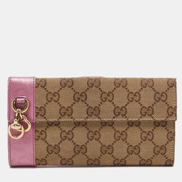 Gucci Beige/Metallic Pink Guccisima Canvas and Leather Heart Charm Continental Wallet