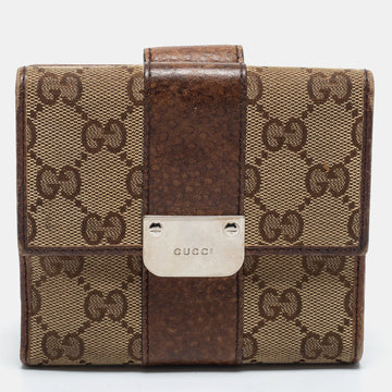 Gucci Brown/Beige GG Canvas and Leather Flap French Wallet