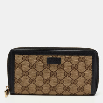 Gucci Beige/Black GG Canvas and Leather Zip Around Continental Wallet