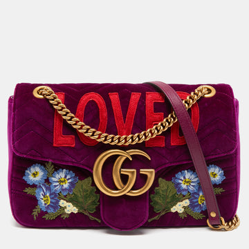 Gucci Purple Love Embroidered Matelasse Velvet Medium GG Marmont Shoulder Bag