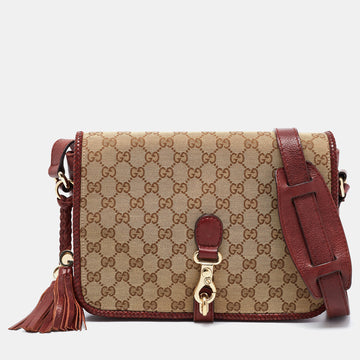 Gucci Beige/Maroon GG Canvas and Leather Medium Marrakech Tassel Messenger Bag