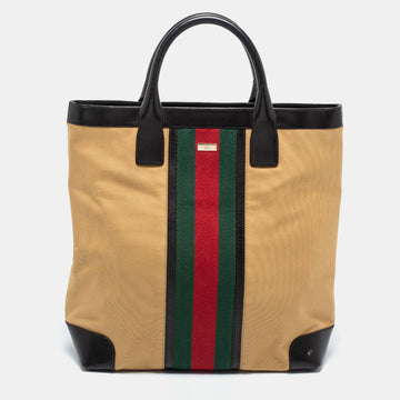 Gucci Khaki Brown/Black Canvas and Leather Large Vintage Web Shopper Tote