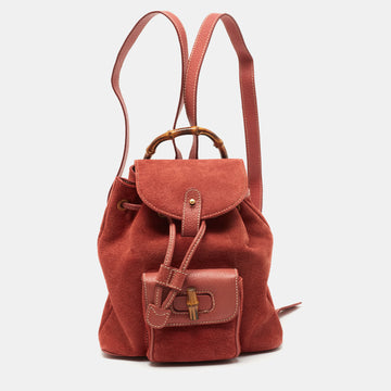 Gucci Red Leather and Suede Bamboo Backpack