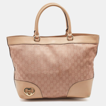 Gucci Beige/Metallic Pink Leather and GG Canvas Heart Interlocking G Tote