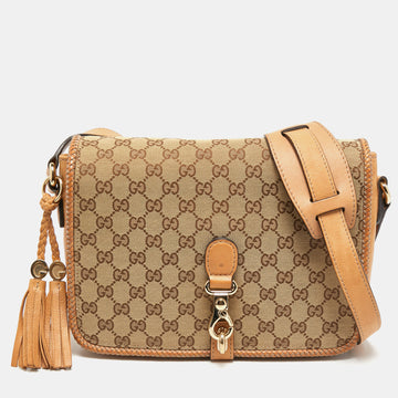 Gucci Beige/Brown GG Canvas and Leather Medium Marrakech Tassel Messenger Bag