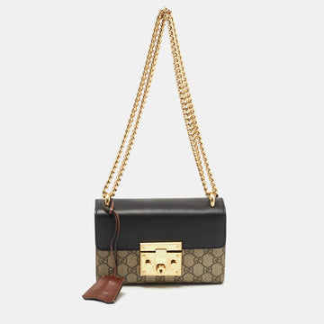 Gucci Black/Beige GG Supreme Canvas and Leather Small Padlock Shoulder Bag