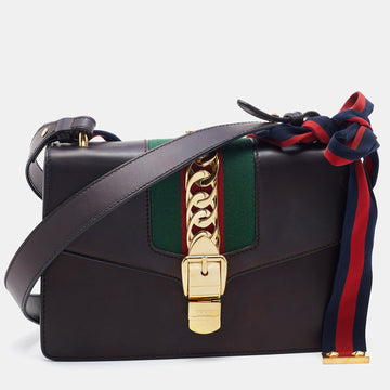 Gucci Black Leather Small Web Sylvie Flap Shoulder Bag