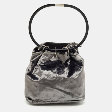 GUCCI Grey Velvet Ring Loop Handle Bucket Bag