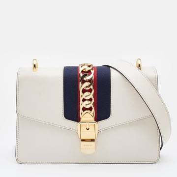 GUCCI Off White Leather Small Web Sylvie Shoulder Bag