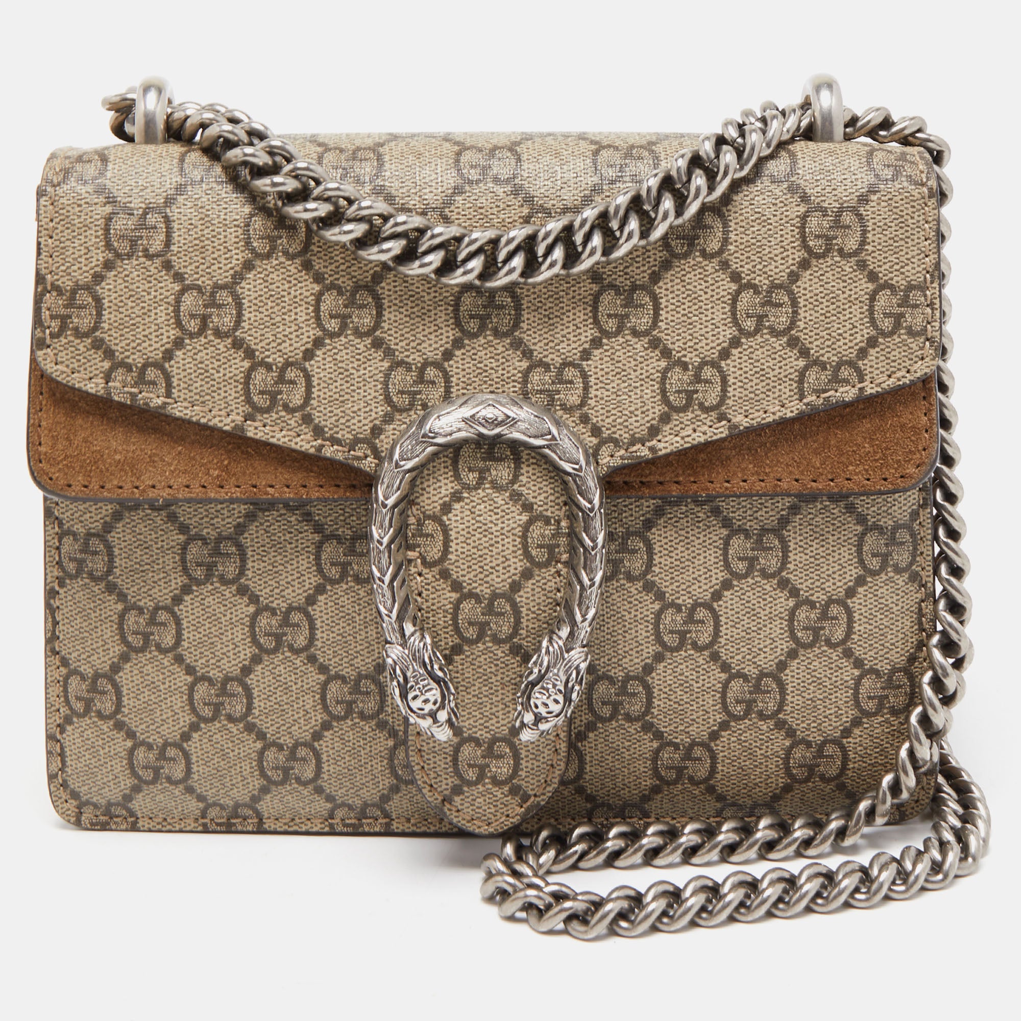 Dionysus small rectangular bag in GG Supreme and taupe suede | GUCCI® US
